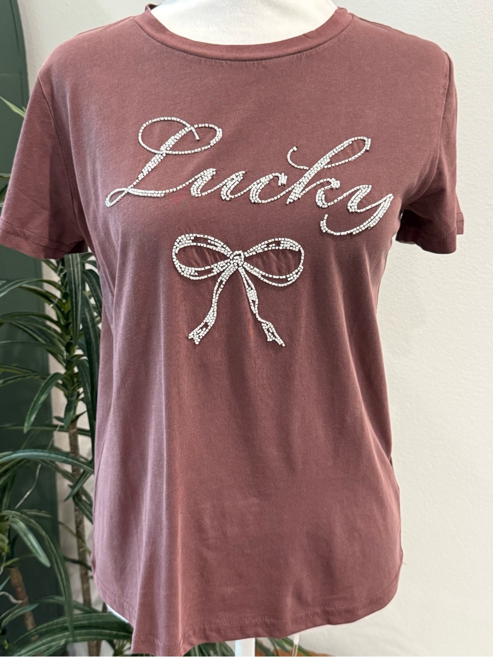 Women’s Lucky Brand Knit Crew Neck Short Sleeve Beaded Lucky Script and Bow Top